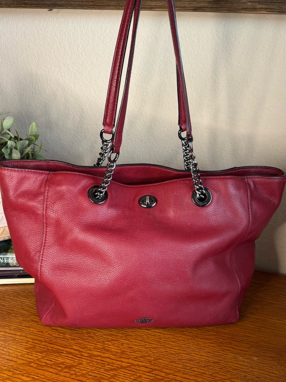 Coach Pebbled Leather Chain-Accent Tote in Dark Red
